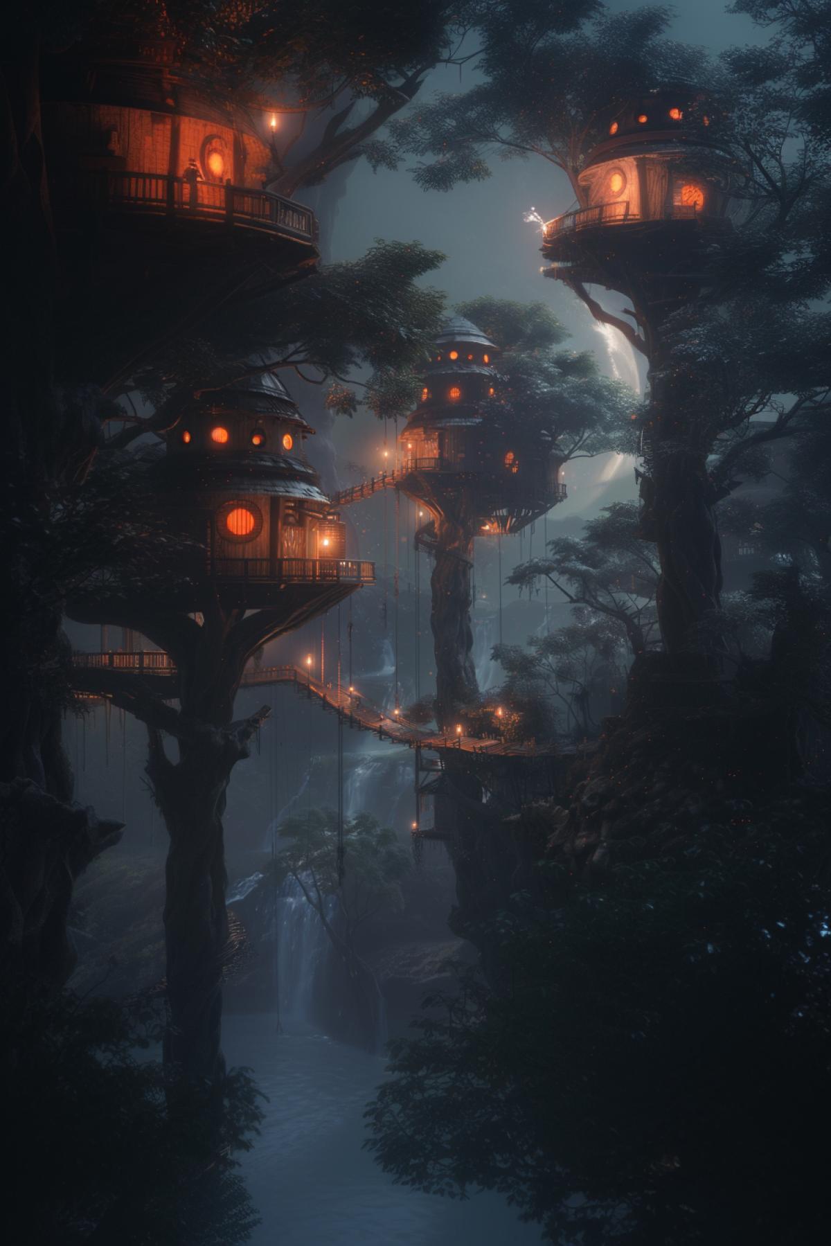 Tree houses, in the style of the film Avatar, flickering, cosmic nature, another planet, minimalism,