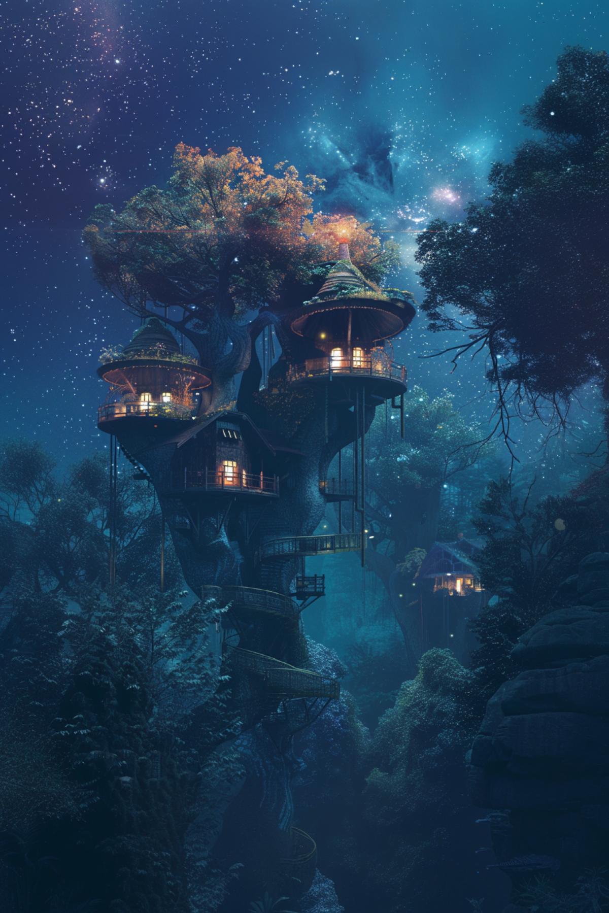 Tree houses, in the style of the film Avatar, flickering, cosmic nature, another planet, minimalism,