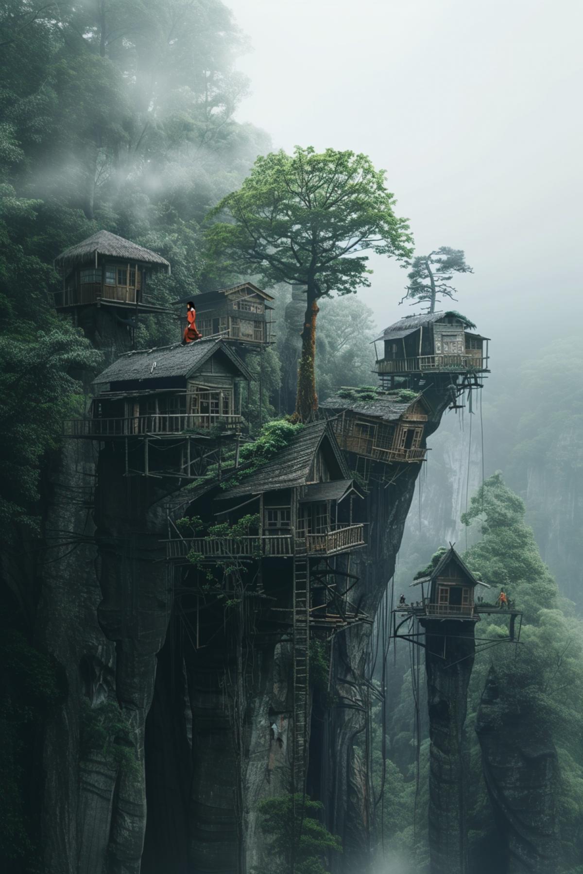 Houses on tall trees, tall people, city, action, realistic image, good quality photography, another planet, minimalism, dystopia, avatar movie style