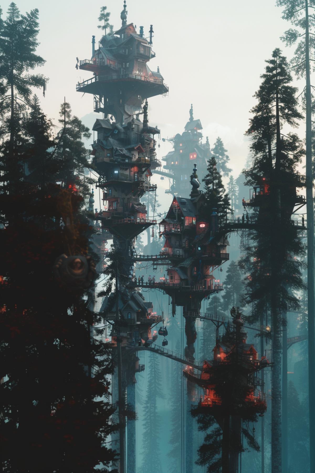 Houses on tall trees, tall people, city, action, realistic image, bright and rich colors, another planet, minimalism, dystopia