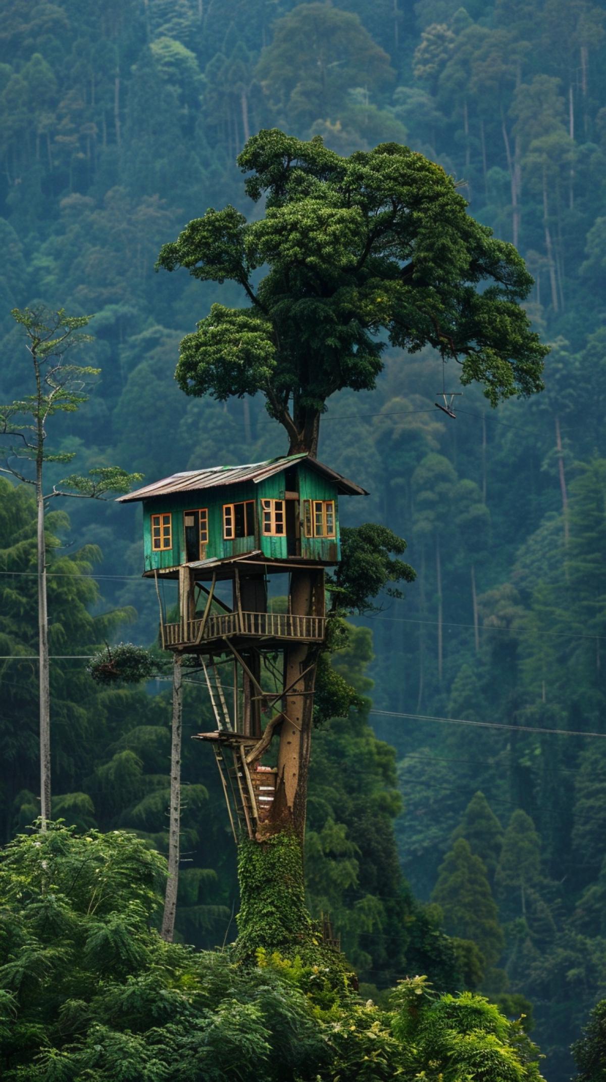 houses, huts and dwellings located on very tall trees