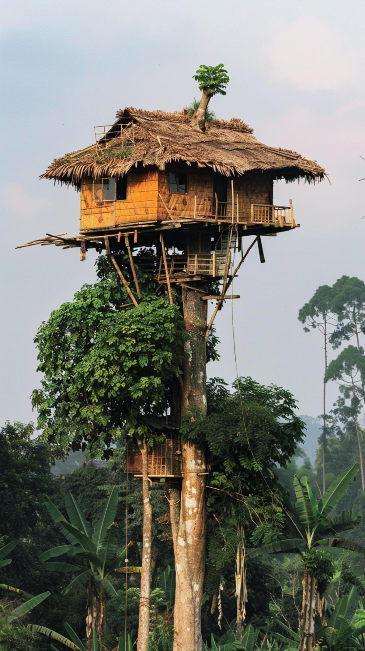houses, huts and dwellings located on very tall trees