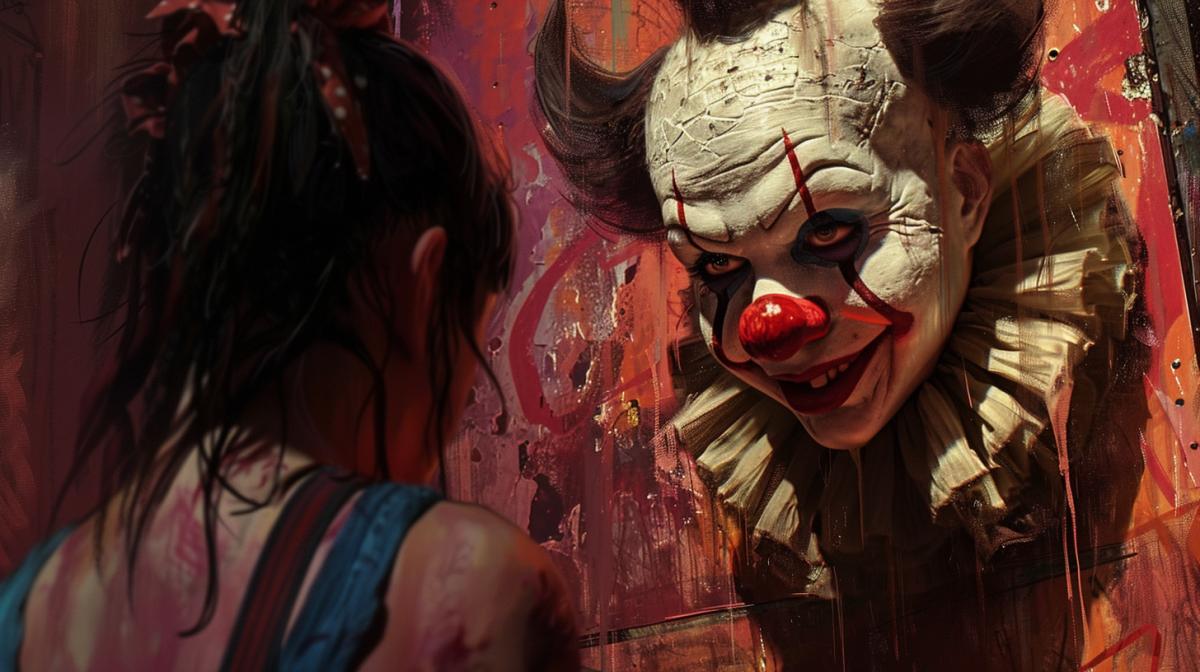 a clown looks at a gutta-percha girl, in the spotlight, drawing by CG Painting