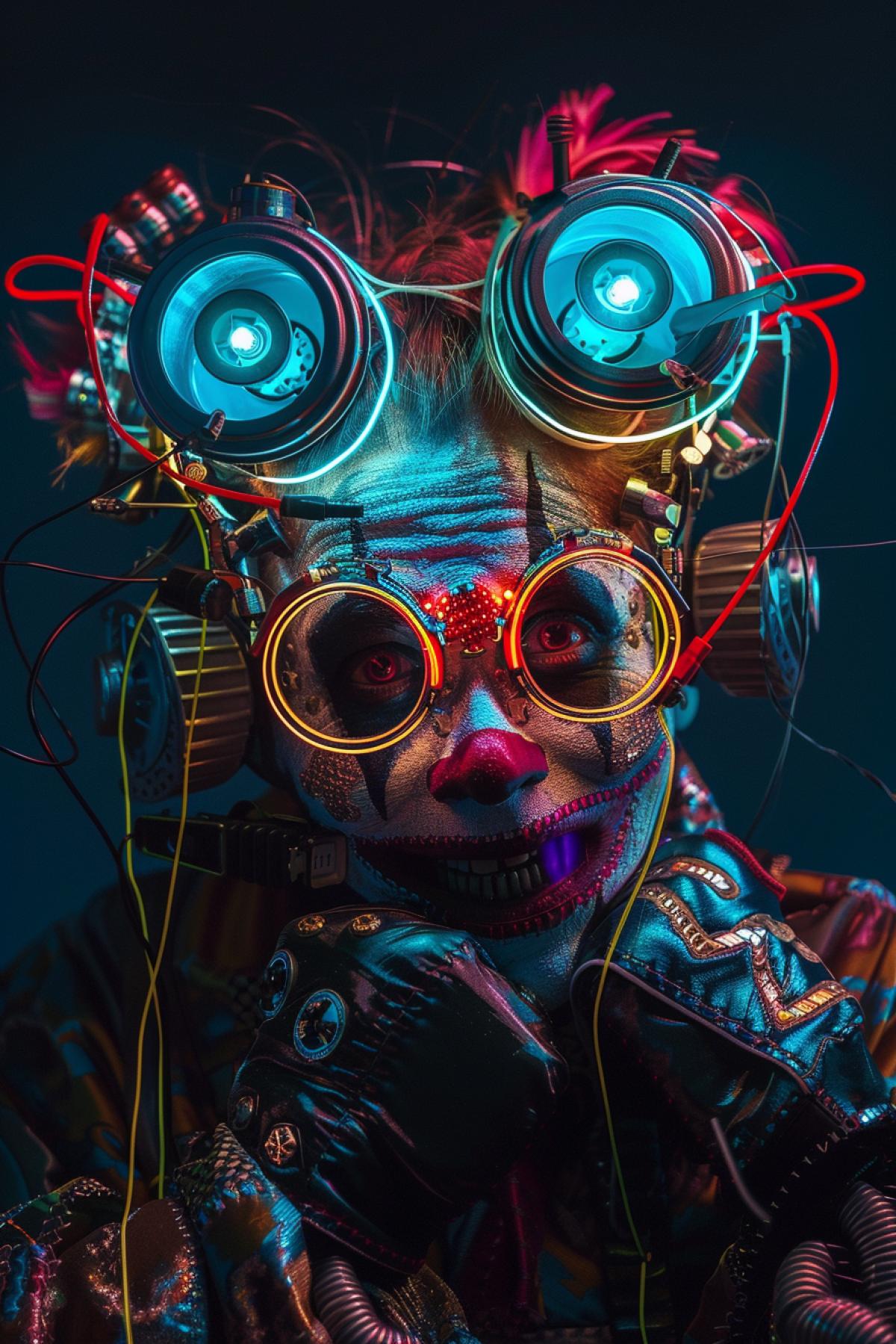 Unusual clown in alternative colors, cyborg clown, cyberpunk, photo from the future, neon clown