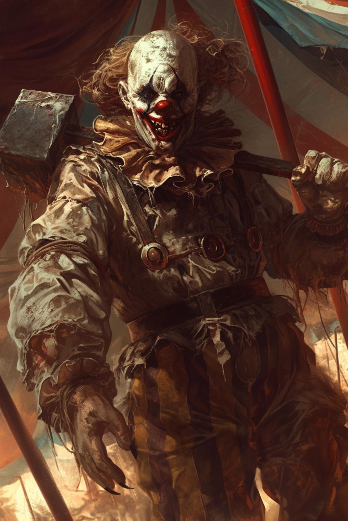 Clown in a circus photo of the 19th century, creepy photo, old photo, horror style, clown with a sledgehammer, under the circus tent, by Stefan Koidl, highly detailed, packed with hidden details, style, high dynamic range, hyper realistic, realistic attention to detail, highly detailed, 32K, realism, colorful realism