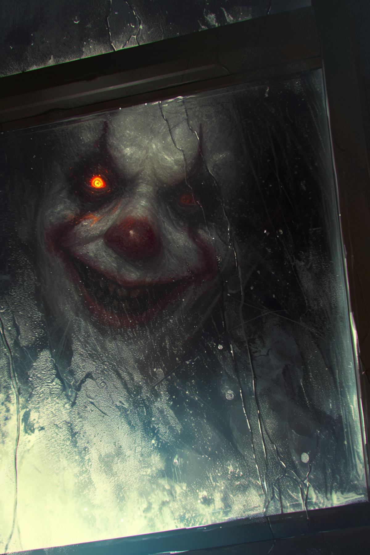 image of a clown behind foggy glass, red eye light, hellish smile, demon clown, foggy window effect, fog effect, horror style, dark night, by Stefan Koidl, highly detailed, packed with hidden details, style, high dynamic range, hyper realistic, realistic attention to detail, highly detailed, 32K, realism, colorful realism