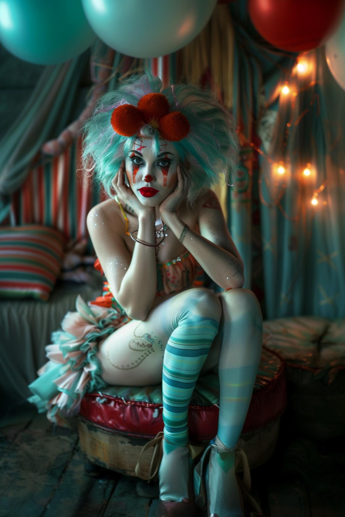 luxury clown girl in full growth, circus, flickering, realistic image, parallel world, comic book style, pin and up style