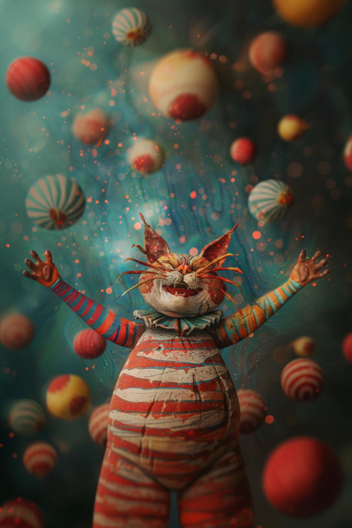 Cheerful Cat clown, circus, cat world, minimalism, flickering, parallel world