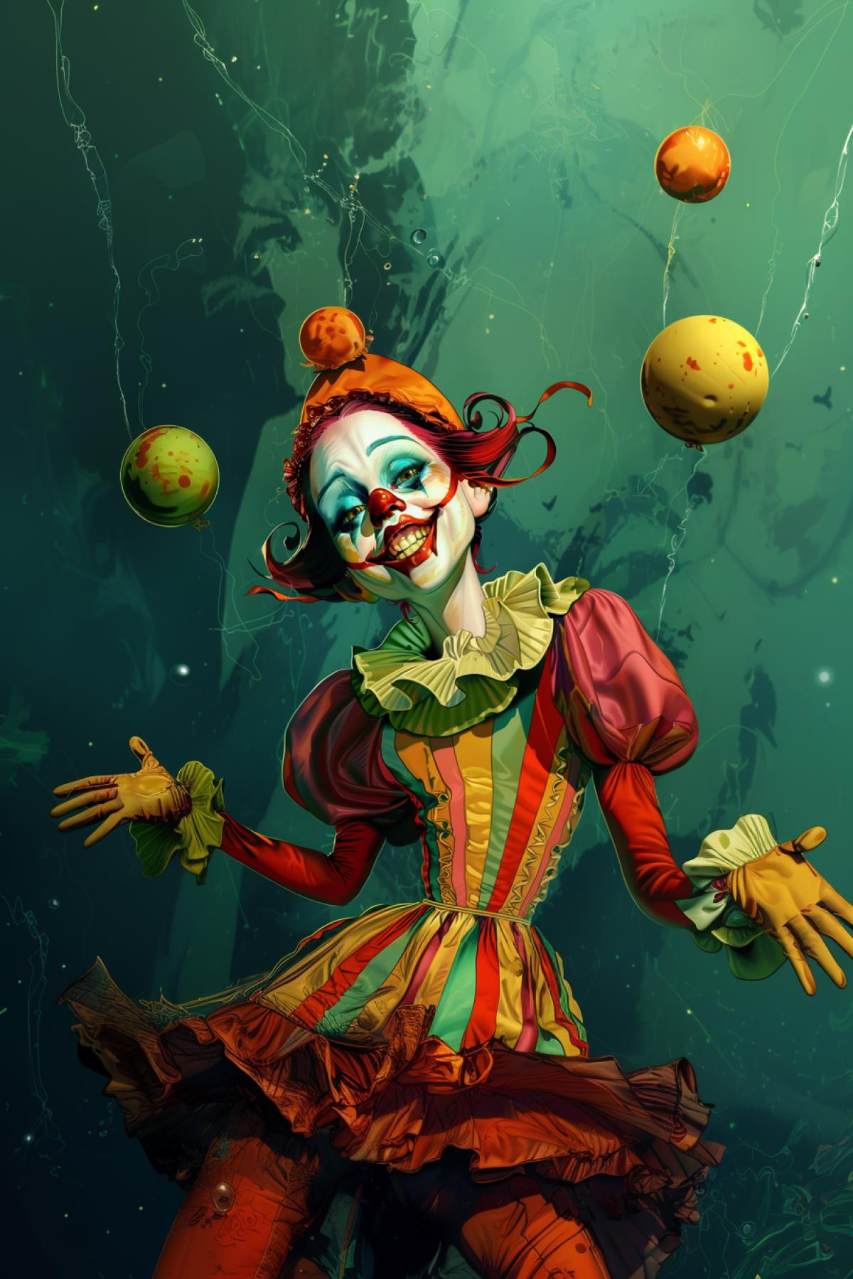 luxury girl clown in full growth, circus, flickering, realistic image, parallel world, comic style