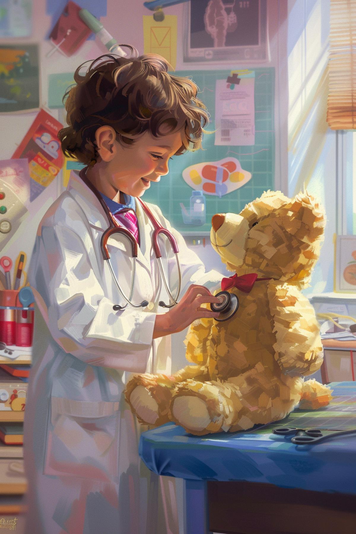 A vibrant and detailed image of a young child dressed as a doctor, inspired by whimsical and colorful childrens book illustrations. The child wears an oversized white lab coat, a stethoscope around their neck, and a playful smile on their face. They are in a bright, cheerful clinic room, examining a stuffed teddy bear patient on an examination table. The background features playful medical posters, colorful charts, and child-friendly decor. The scene is lively and imaginative, capturing the innocence and enthusiasm of a child playing a professional role.