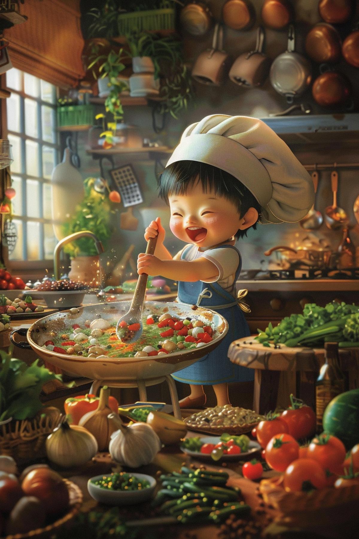 A charming and detailed depiction of a young chef in a ling kitchen, inspired by Studio Ghiblis attention to detail and warmth. The child wears a chef’s hat and apron, standing on a stool to reach the countertop while dirtfully mixing ingredients in a large bowl. The kitchen is filled with colorful vegetables, fruits, and cooking utensils, with delicious dishes being prepared all around. The background features other child chefs working together, creating a lively and joyful atmosphere. The scene is heartwarming and imaginative, highlighting the creativity and passion of a young chef.