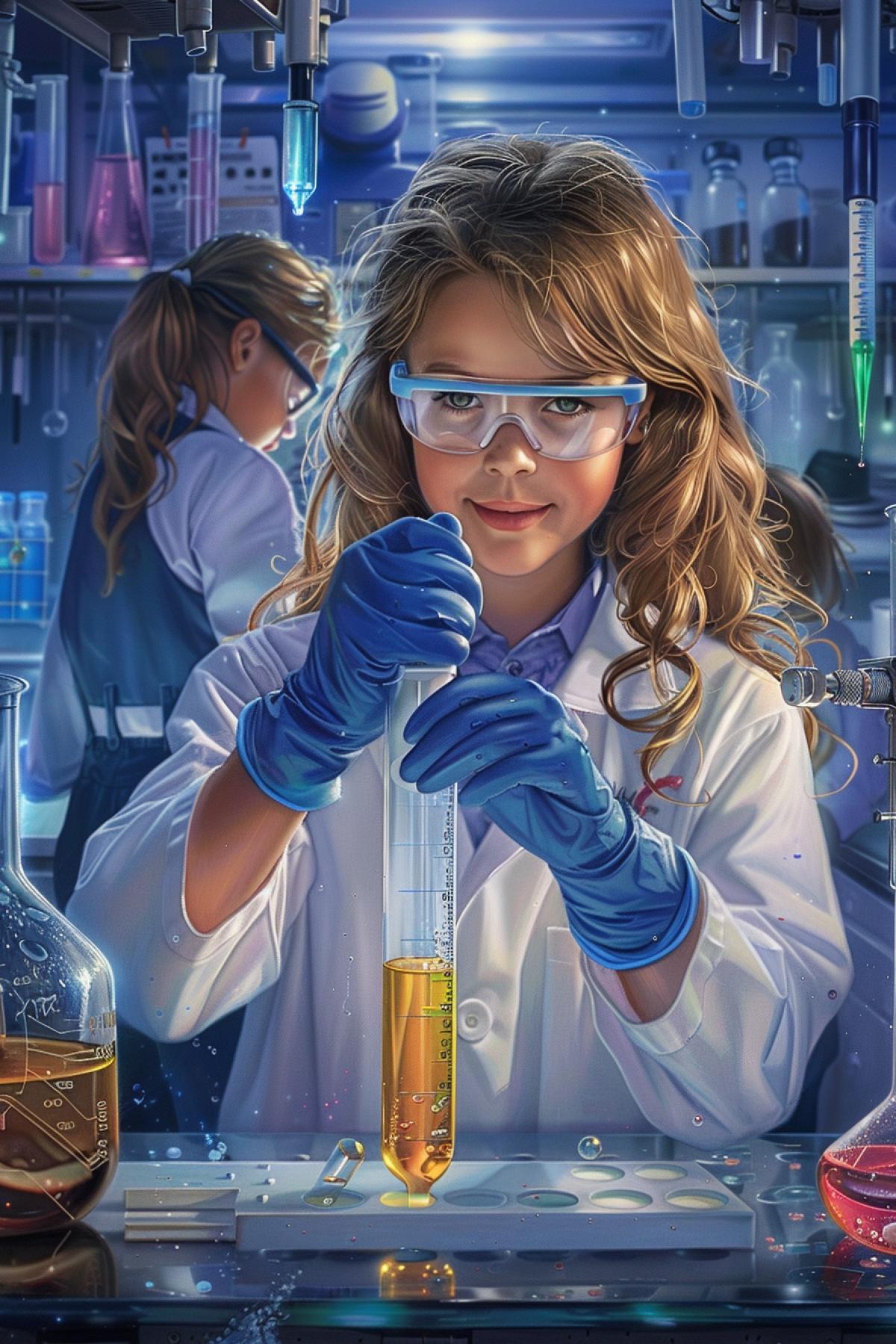 A detailed and realistic image of a young girl as a scientist in a modern laboratory. She wears a crisp white lab coat, protective goggles, and blue gloves, carefully holding a test tube filled with a colorful liquid. The lab is equipped with high-tech instruments, glass beakers, and scientific charts. Her expression is one of focused curiosity and determination. The background shows fellow child scientists working diligently, surrounded by shelves filled with scientific equipment and research papers.