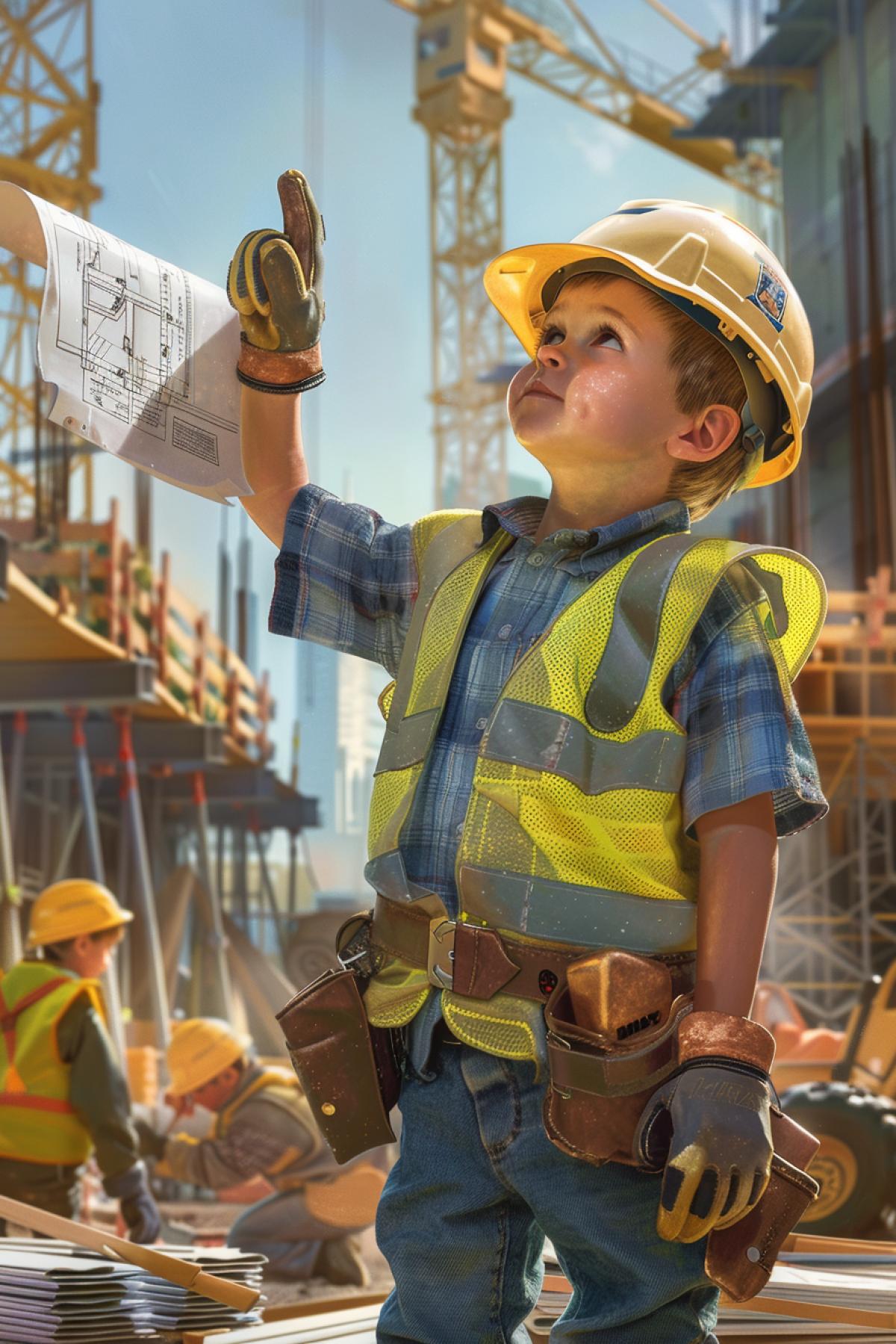 A realistic and inspiring image of a young boy as a construction worker at a building site. He wears a small hard hat, safety vest, and work gloves, holding blueprints and pointing towards an under-construction building. The site is filled with construction materials, machinery, and other child construction workers engaged in various tasks. The boy’s face shows determination and leadership, capturing the hard work and coordination required in construction. The background includes cranes and scaffolding, emphasizing the scale and ambition of the project.