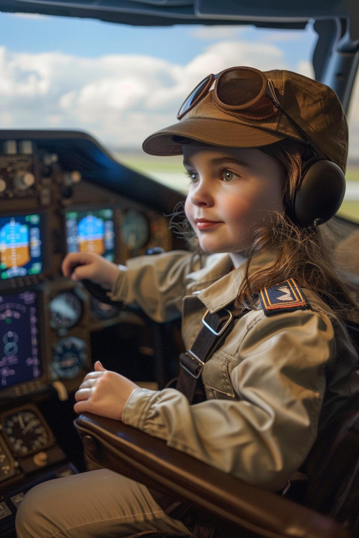 A lifelike and engaging image of a young girl dressed as a pilot in arocketpit. She wears a pilot’s uniform, complete with a cap and aviator sunglasses, sitting in the captain’s seat with her hands on the controls. Therocketpit is filled with detailed instrument panels, switches, and screens showing flight data. The background through the windows reveals a clear blue sky with fluffy clouds. Her expression is one of excitement and confidence, reflecting the thrill of flying a plane.