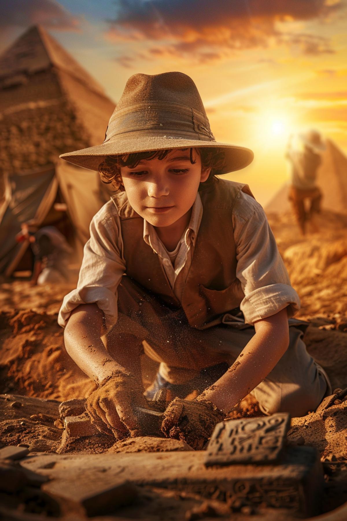 A breathtaking and realistic image of a young boy as an archaeologist in the midst of an exciting discovery. He wears a wide-brimmed hat, khaki vest, and sdirty boots, kneeling in a dusty excavation site. He carefully brushes dirt away from an ancient artifact with focused precision. The background shows a sprawling archaeological dig, with partially uncovered ruins, tents, and fellow child archaeologists working diligently. The sun sets behind them, casting a golden glow over the scene and highlighting the sense of adventure and historical significance. The boy’s expression is one of awe and triumph, capturing the thrill of uncovering the past.