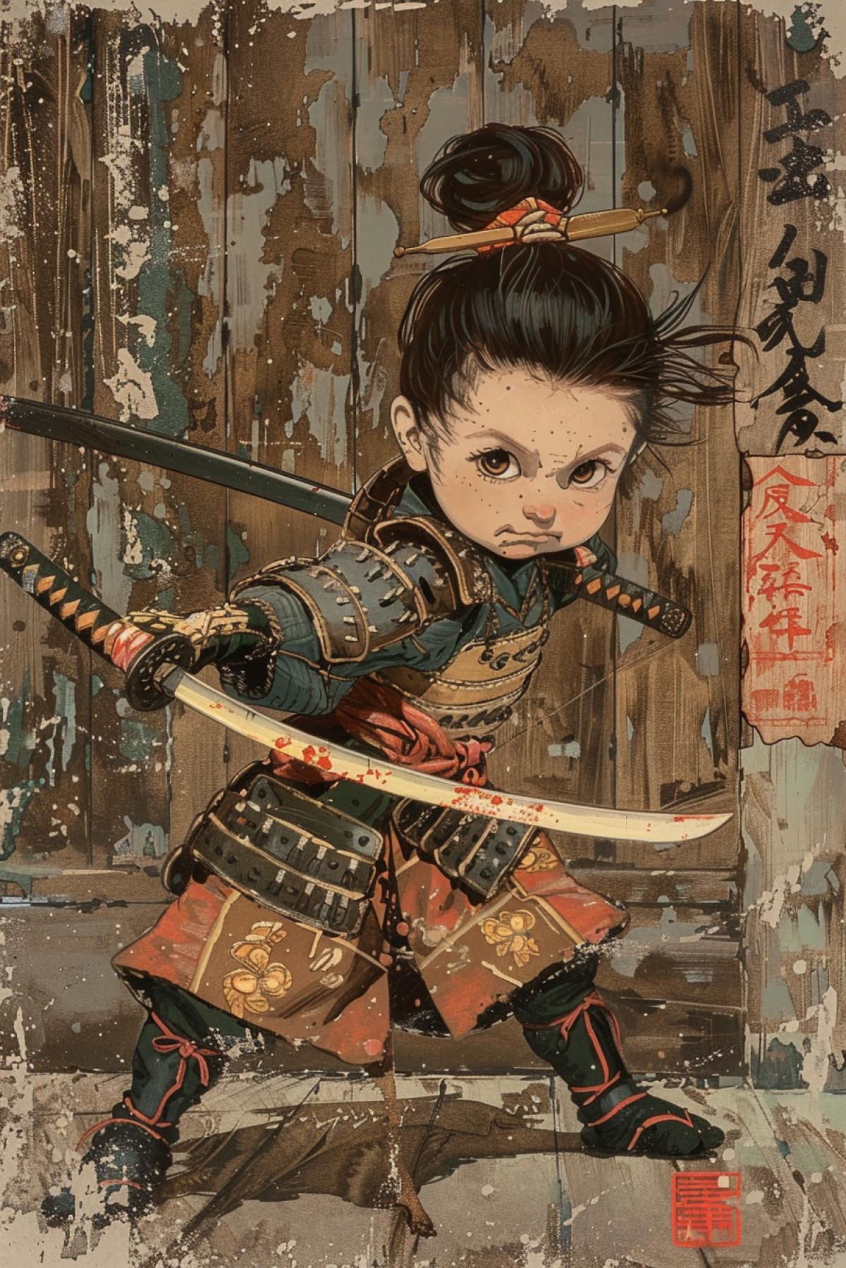 A samurai child is training in a dojo, dressed in samurai armor, holding a katana, high quality, good detail, Japanese style, Japanese classical painting