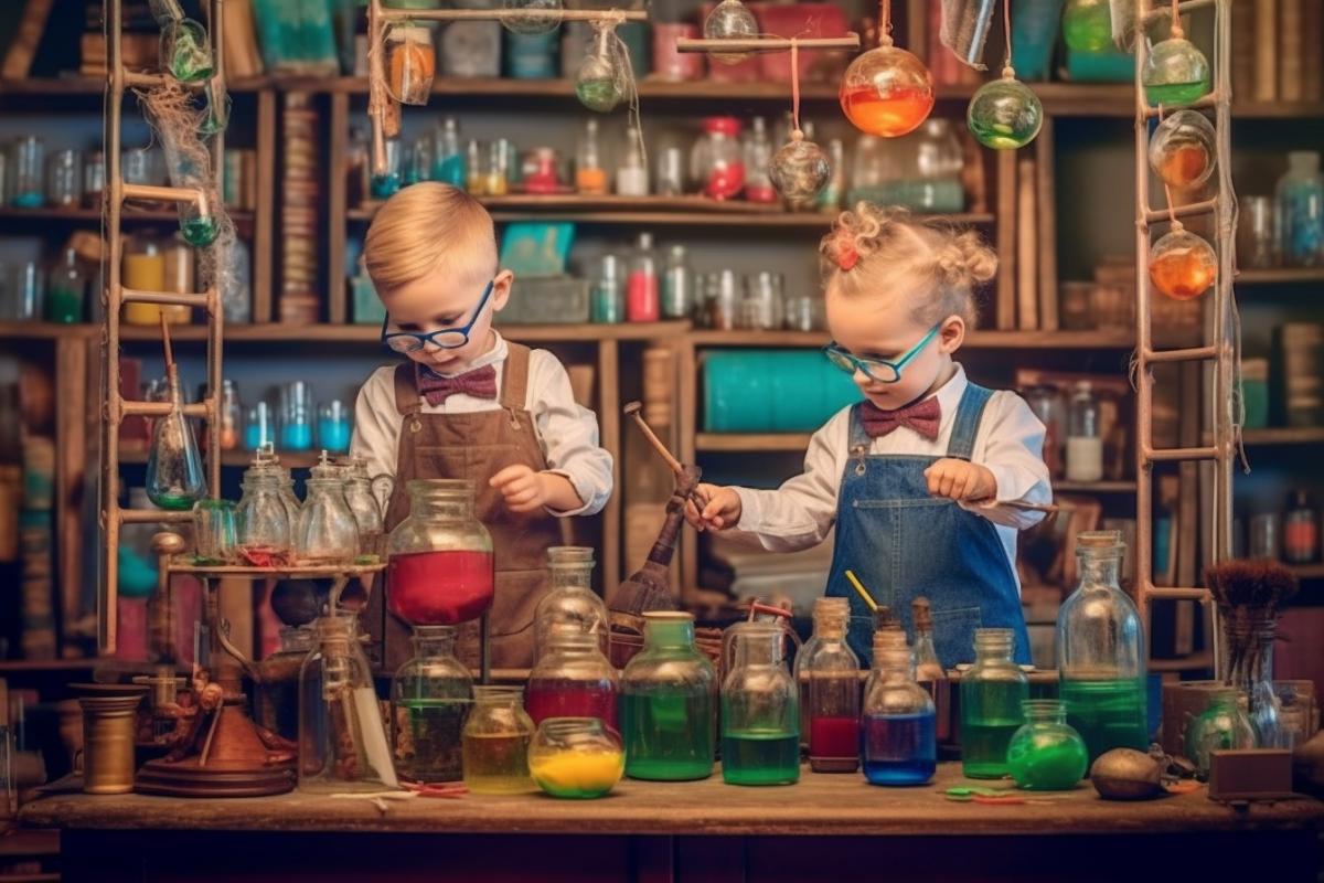Little chemists are doing chemistry in the laboratory, many flasks, chemical installations, colorful solutions
