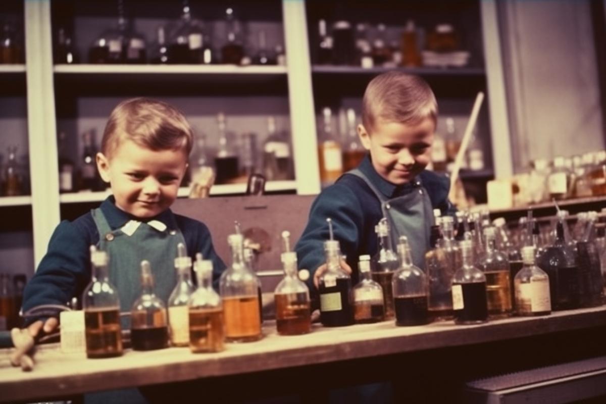 Little chemists doing chemistry in the laboratory, many flasks, chemical installations, multi-colored solutions, vintage photo