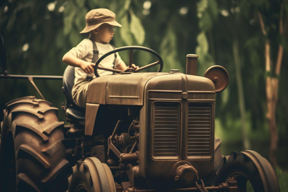 Child tractor driver on a farm, riding a tractor, vintage photo