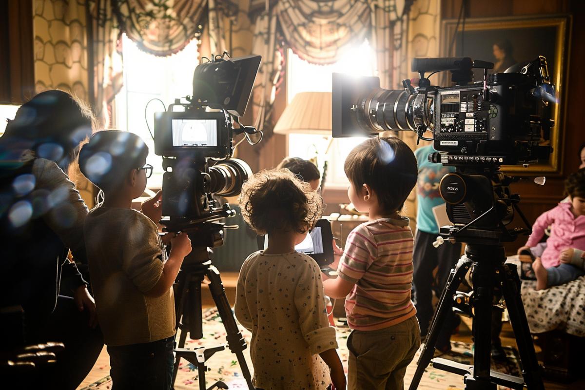 Film crew, all small children, filming, all small children, cameras, lighting