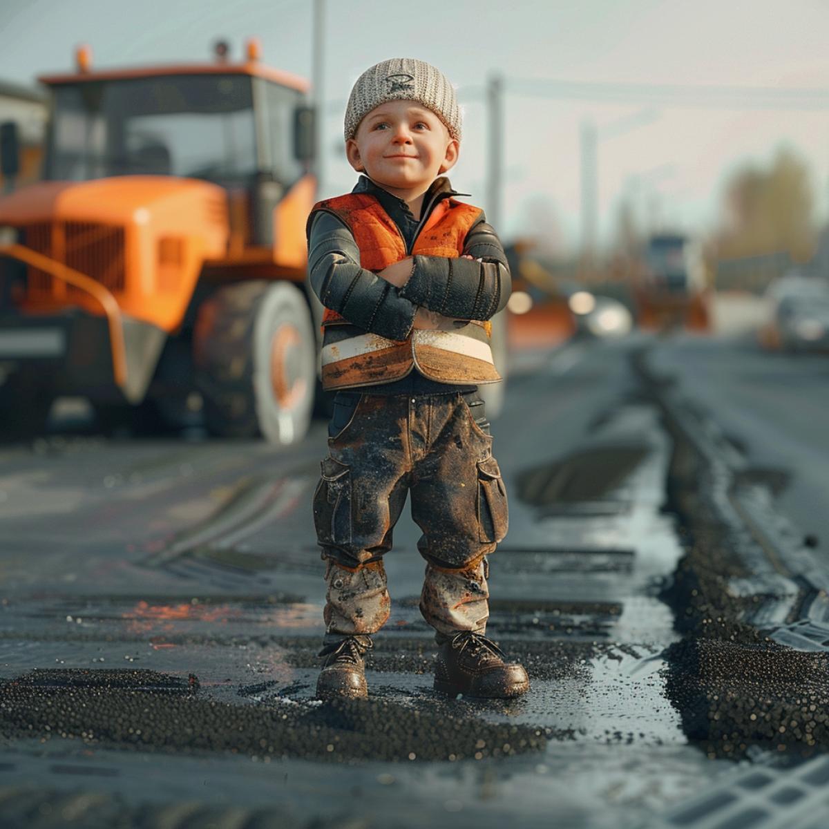 photorealistically generate a child in the role of a professional asphalt worker