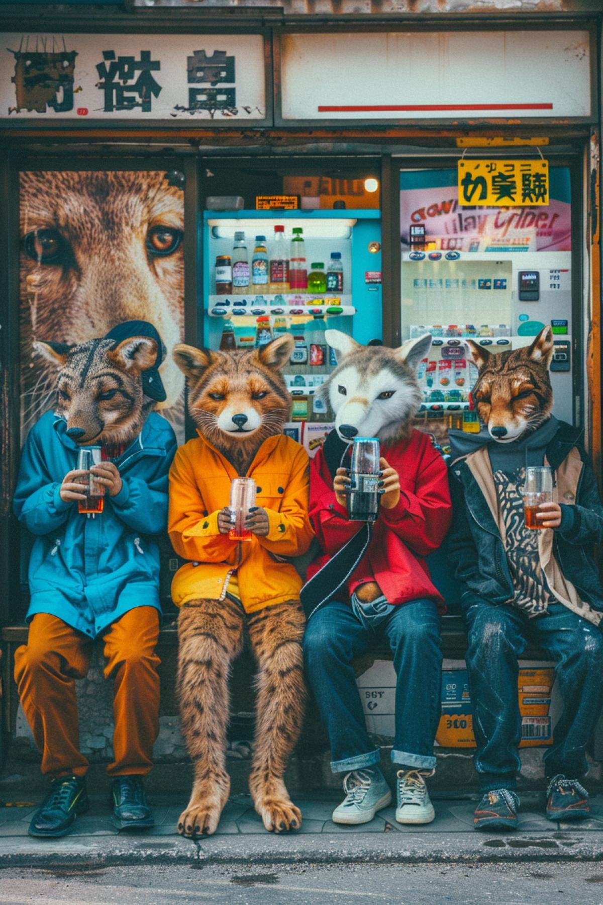 At street soda water automat the six anthropomorphized wild animals wearing casual clothes with glasses of soda thirsty eager to have a glass of soda ironic detailed photo full colour