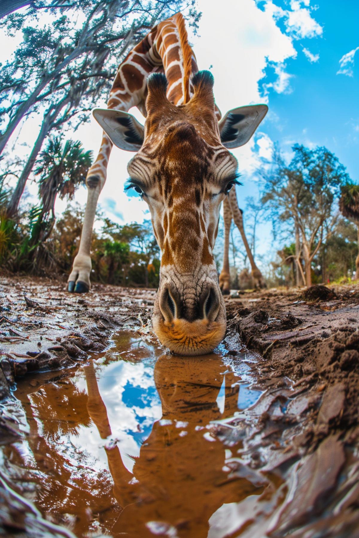 Hot dry yellow orange day in savannah one big giraffe full height drinks water from the smallest puddle in dry ground detailed photo with bright colours high sharpness wide angle fisheye lens