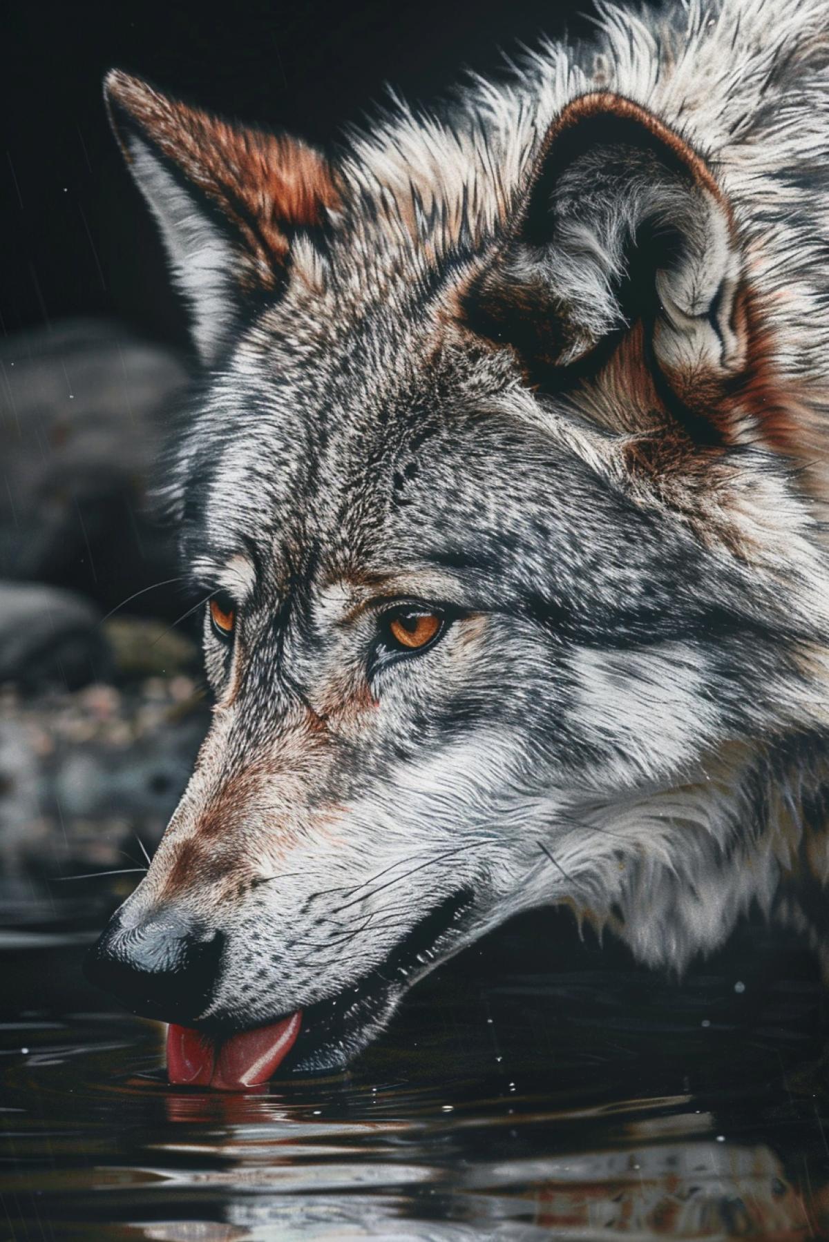 Old tired grey wolf at the watering hole drinking water side view smart tired eyes fangs red fast tongue close-up highly detailed portrait