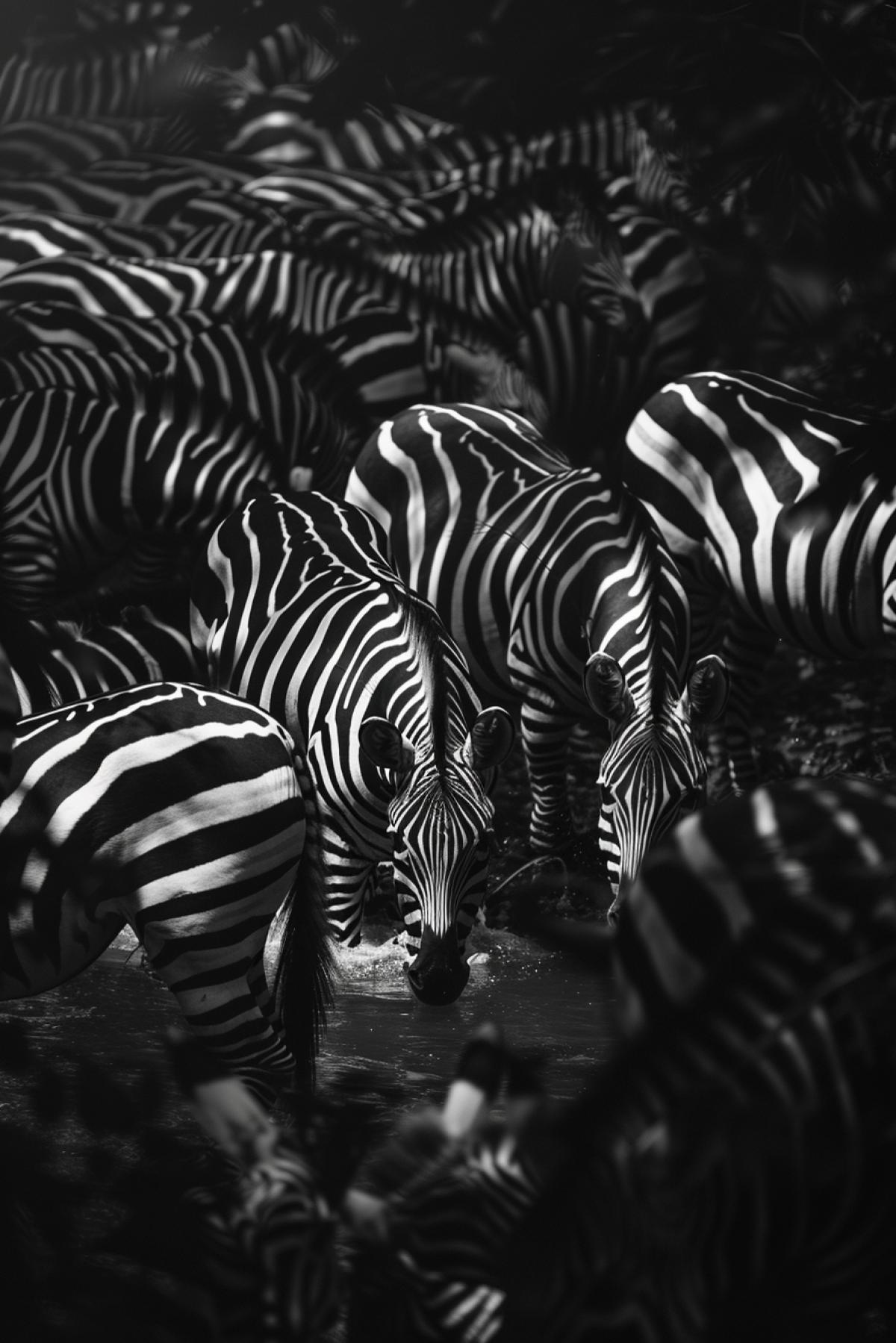 Hundred zebras drinking at the water place all in the same 4k dark and white stripes from here into eternity low side view