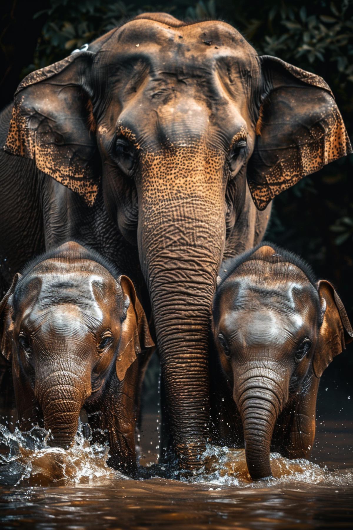 Elephants family at the water place lowest view at giant elephants mighty bodies wrinkles on skin smart eyes splashes of water high sharpness vibrant photo