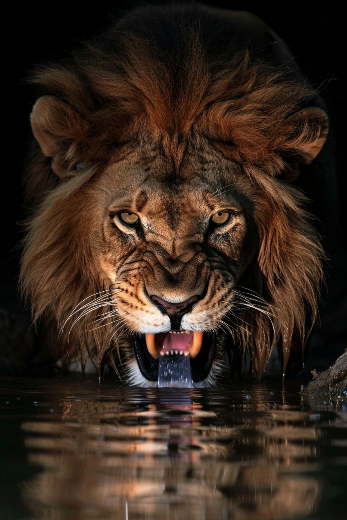 Wild angry lion in the darkest night at the water hole drinking water having frightening fangs and beautiful mane