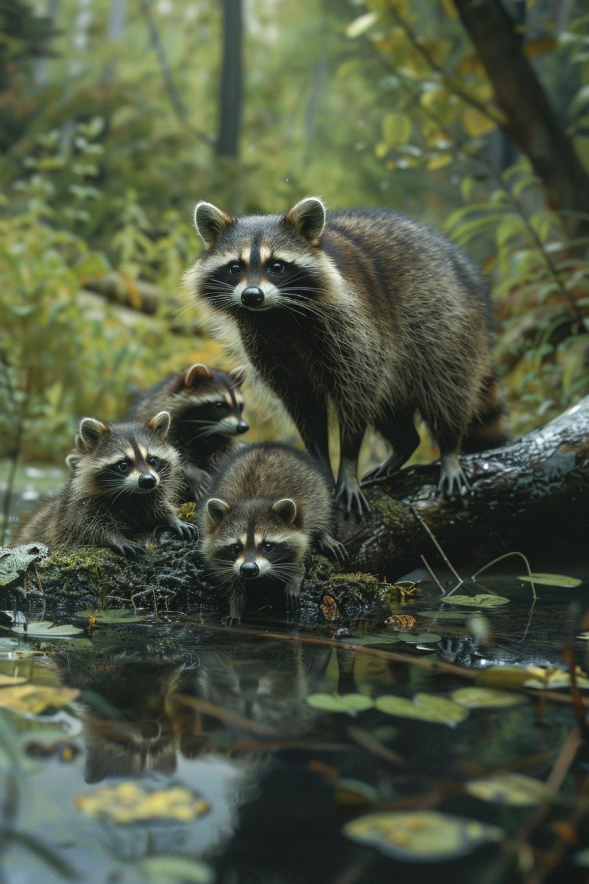 A family of raccoons wash themselves by the lake