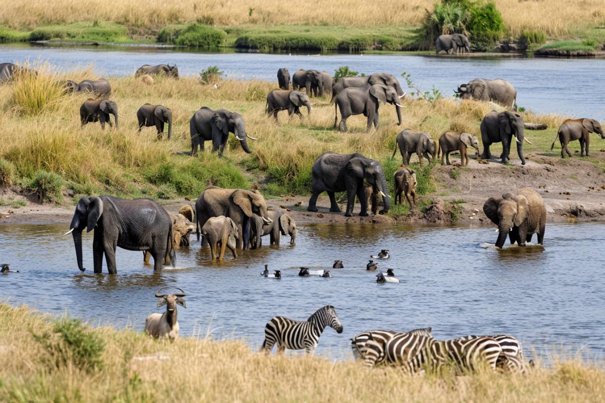 A huge number of different animals at a watering hole by the river, savannah
