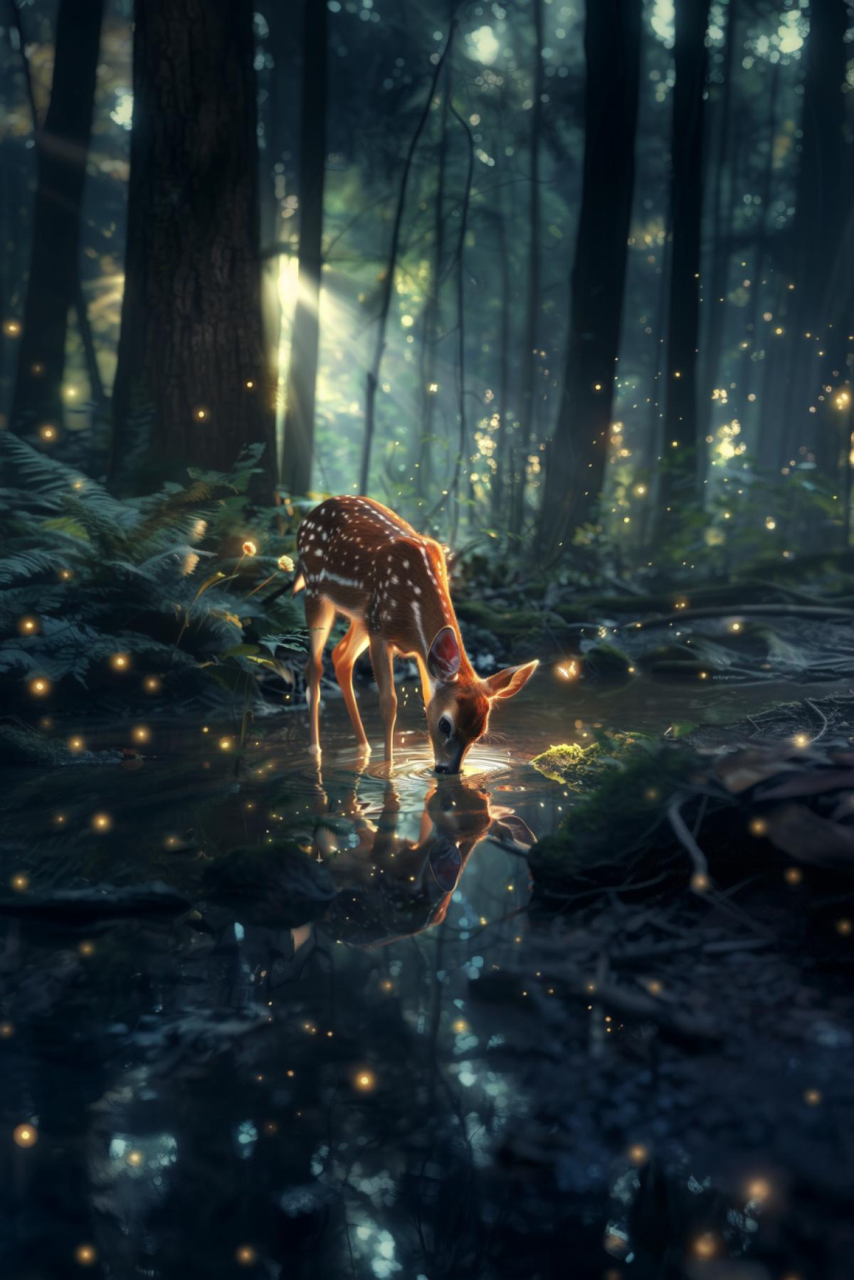 A beautiful deer drinks water, forest, fairy-tale world, realistic image, beautiful unusual nature, flickering