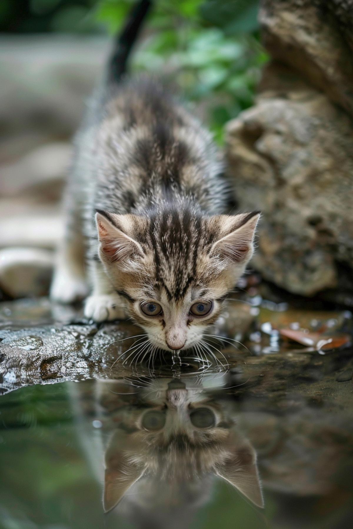 Kitten at a watering hole, front view