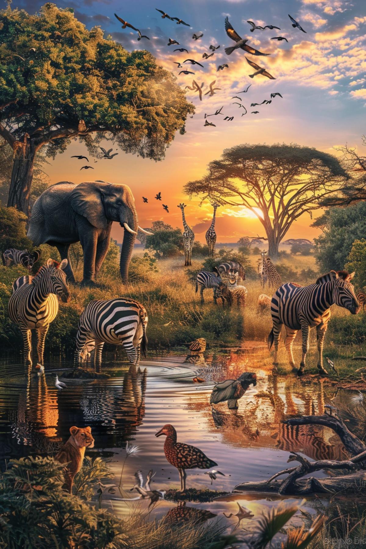 A serene and detailed scene of African wildlife gathered at a watering hole in the savannah. Majestic elephants wade into the water, while zebras and giraffes drink from the edges. In the background, a pride of lions lounges under the shade of an acacia tree, and a flock of colorful birds flutters around the waters edge. The golden hues of the setting sun cast long shadows, enhancing the tranquil atmosphere of this diverse and vibrant ecosystem.