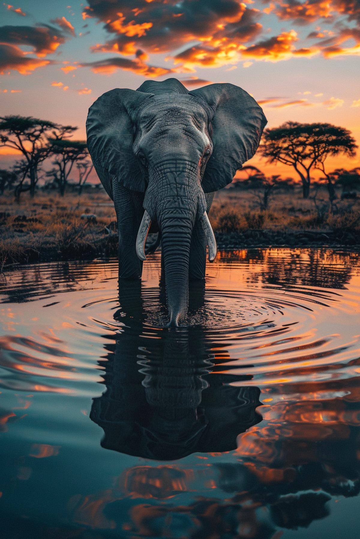 A majestic African elephant stands at the edge of a tranquil watering hole in the savannah. The elephants powerful trunk dips into the clear water, sending gentle ripples across the surface. The background features a stunning sunset, with the sky painted in shades of orange and pink, casting a golden glow over the landscape. Acacia trees dot the horizon, and the elephants reflection shimmers in the water, capturing the serene and timeless beauty of this iconic animal in its natural habitat.