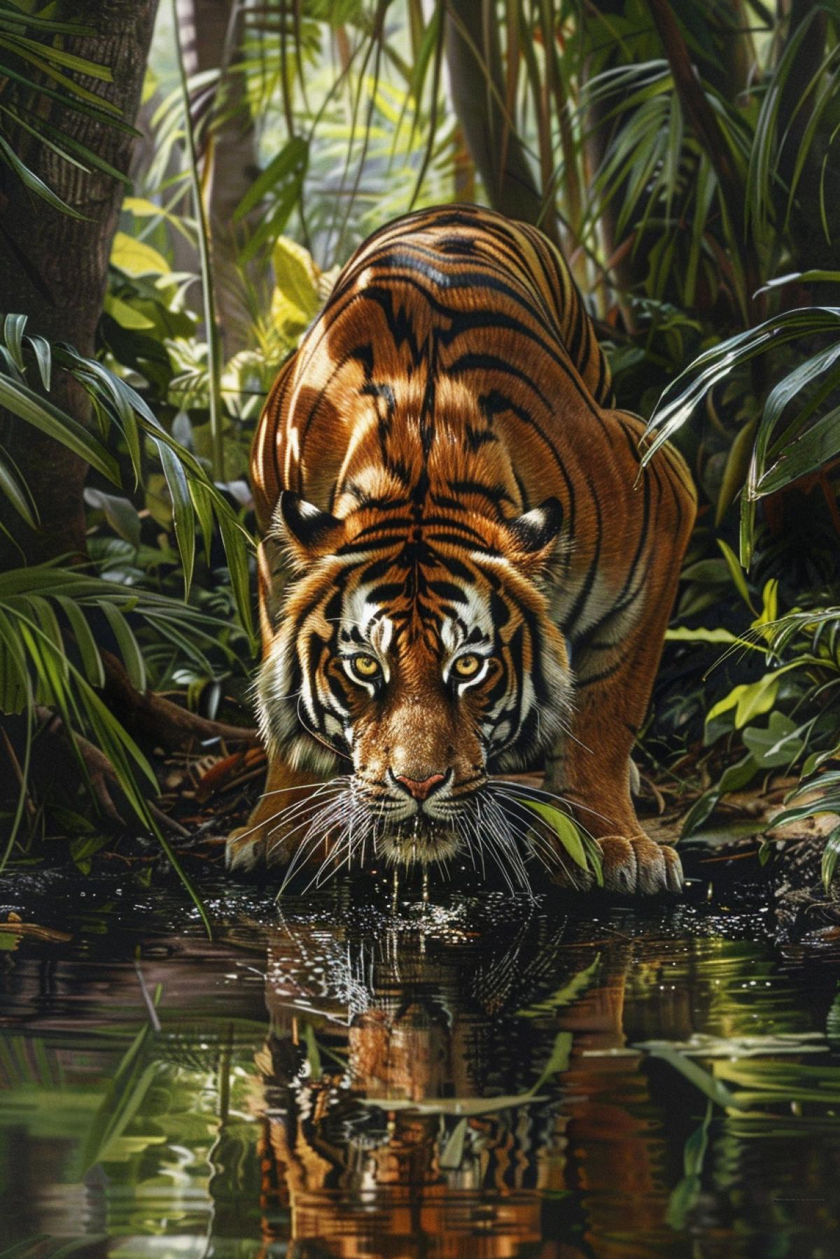 A graceful Bengal tiger crouches at a jungle waterhole, drinking from the clear, cool water. The dense, lush foliage surrounds the scene, with vibrant green leaves and tropical plants creating a rich, immersive environment. The tigers striking orange and dark stripes contrast beautifully with the greenery, and its piercing eyes are focused on the water. Sunlight filters through the canopy, casting dappled shadows and highlighting the tigers sleek form, embodying the wild beauty of the jungle.