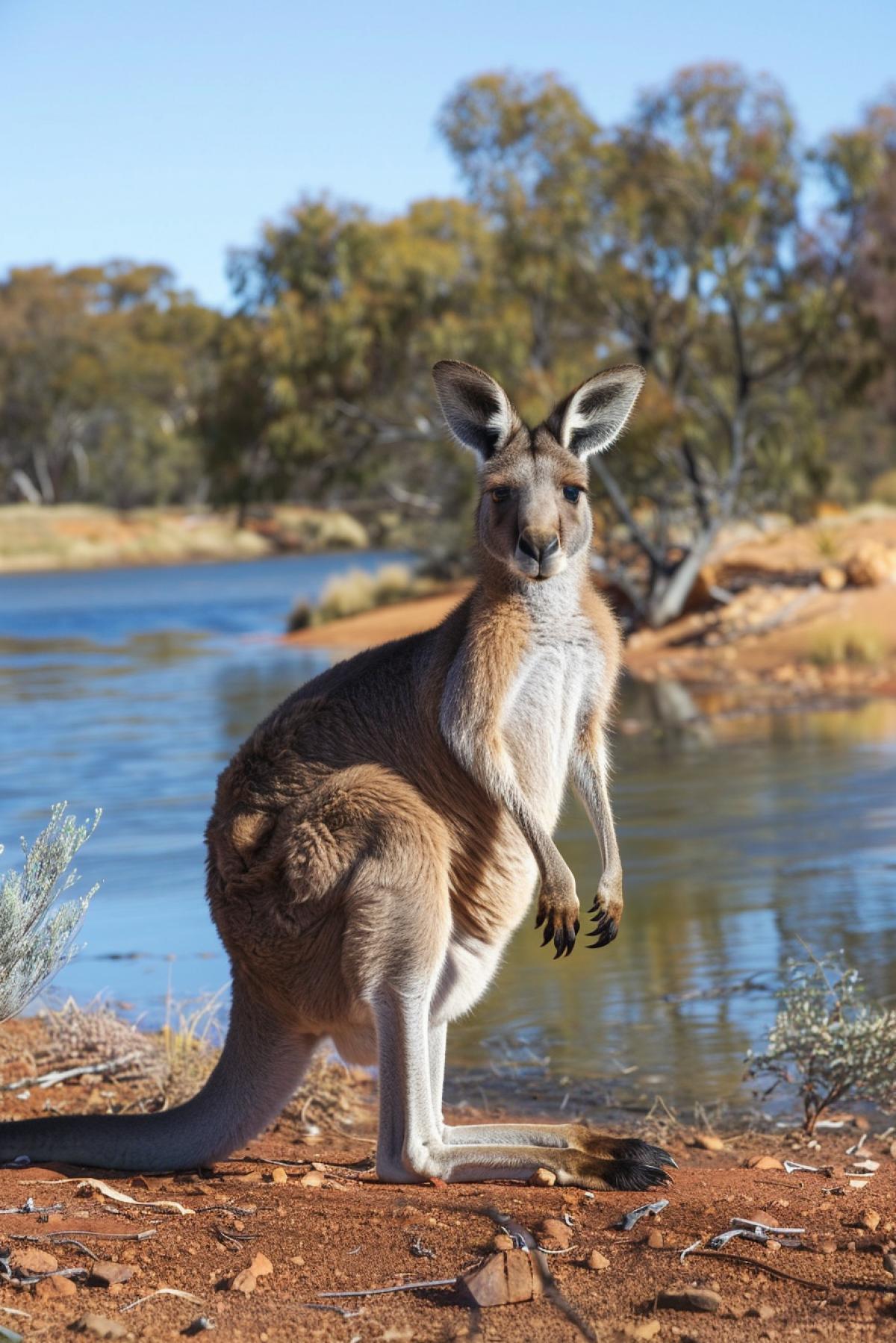 A striking Australian kangaroo pauses at a desert oasis, its powerful legs and muscular body highlighted by the harsh, midday sun. The clear blue water of the oasis contrasts sharply with the red earth and sparse vegetation of the outback. The kangaroos large ears and alert eyes capture its readiness and resilience in this arid environment. A few scattered eucalyptus trees provide some shade, and the overall scene reflects the unique beauty and ruggedness of the Australian landscape.