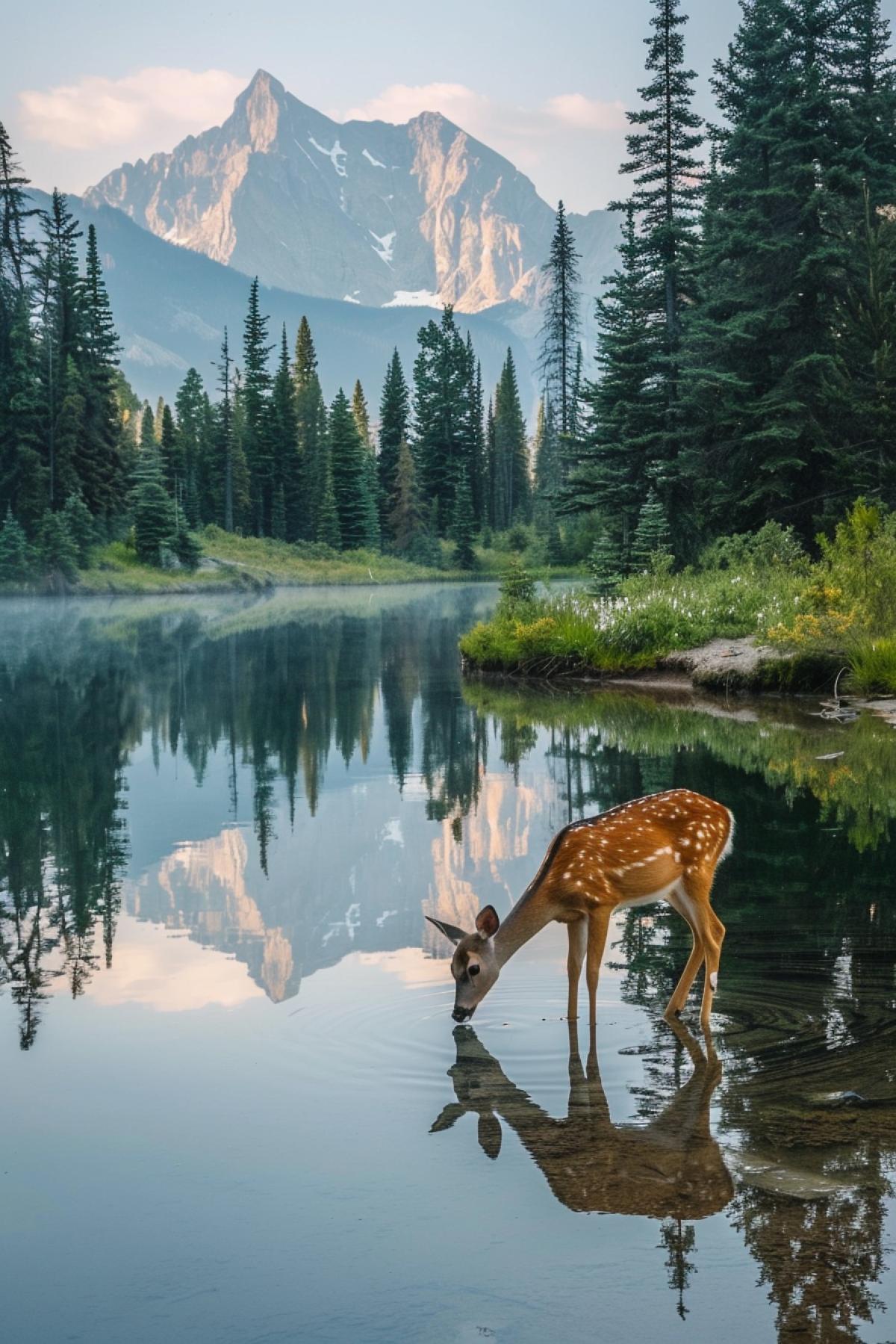 A serene North American deer stands by a peaceful lakeside, its head lowered to drink from the calm, reflective water. The surrounding landscape features tall pine trees and distant, snow-capped mountains, creating a picturesque and tranquil scene. The deers gentle eyes and delicate form are illuminated by the soft, early morning light, with the still water perfectly mirroring its graceful posture. This image captures the quiet elegance and natural harmony of the wilderness.