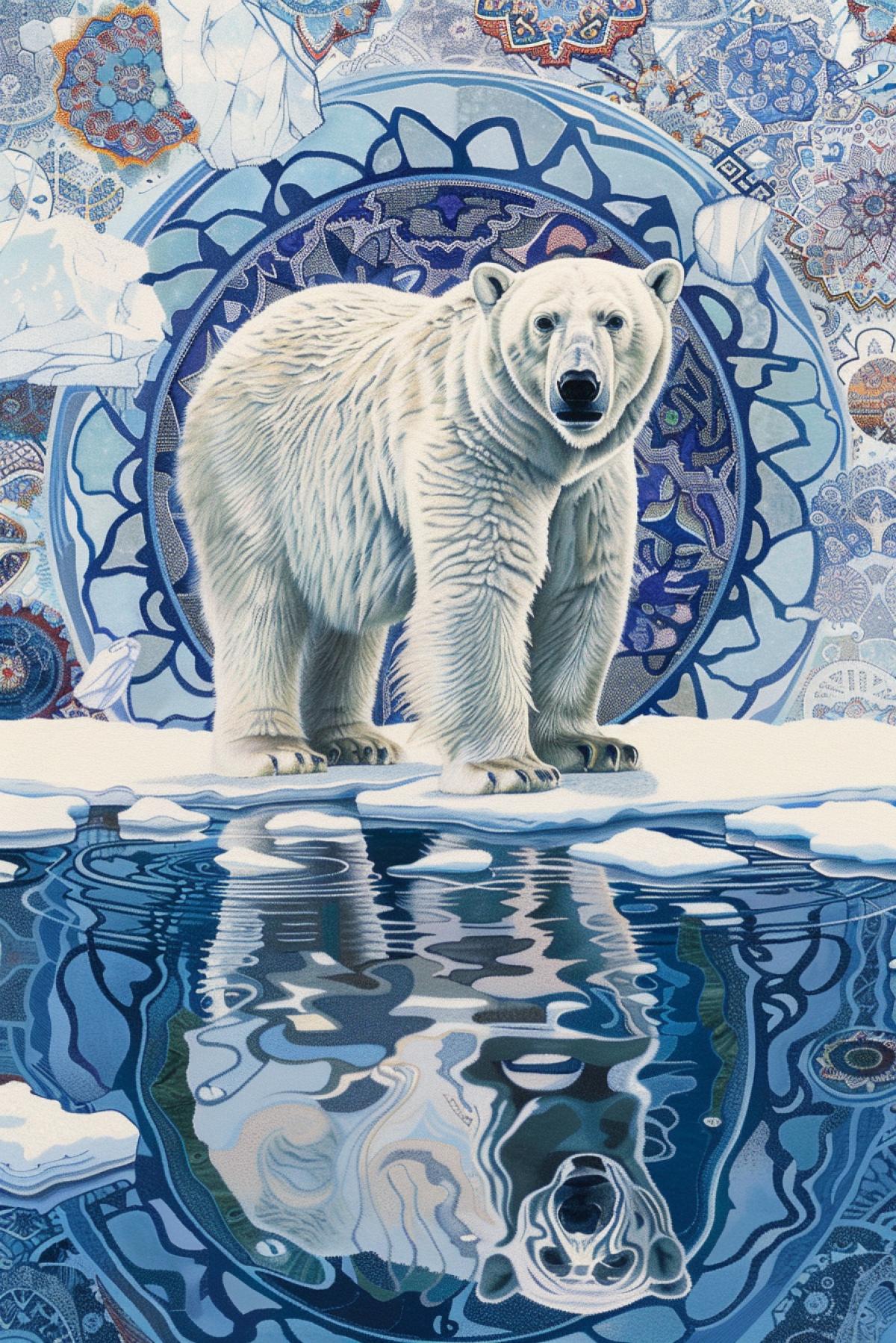A vibrant and dynamic image of a polar bear standing by an Arctic waterhole, inspired by the bold and contemporary style of Kehinde Wiley. The polar bears powerful form is depicted against an elaborate background of icy blues and intricate, stylized patterns reminiscent of snowflakes. The surrounding ice and water are rendered in vivid, contrasting colors, with the bears fur detailed in rich textures. Wileys signature use of ornate designs and vibrant hues brings a fresh and modern twist to this majestic Arctic scene.