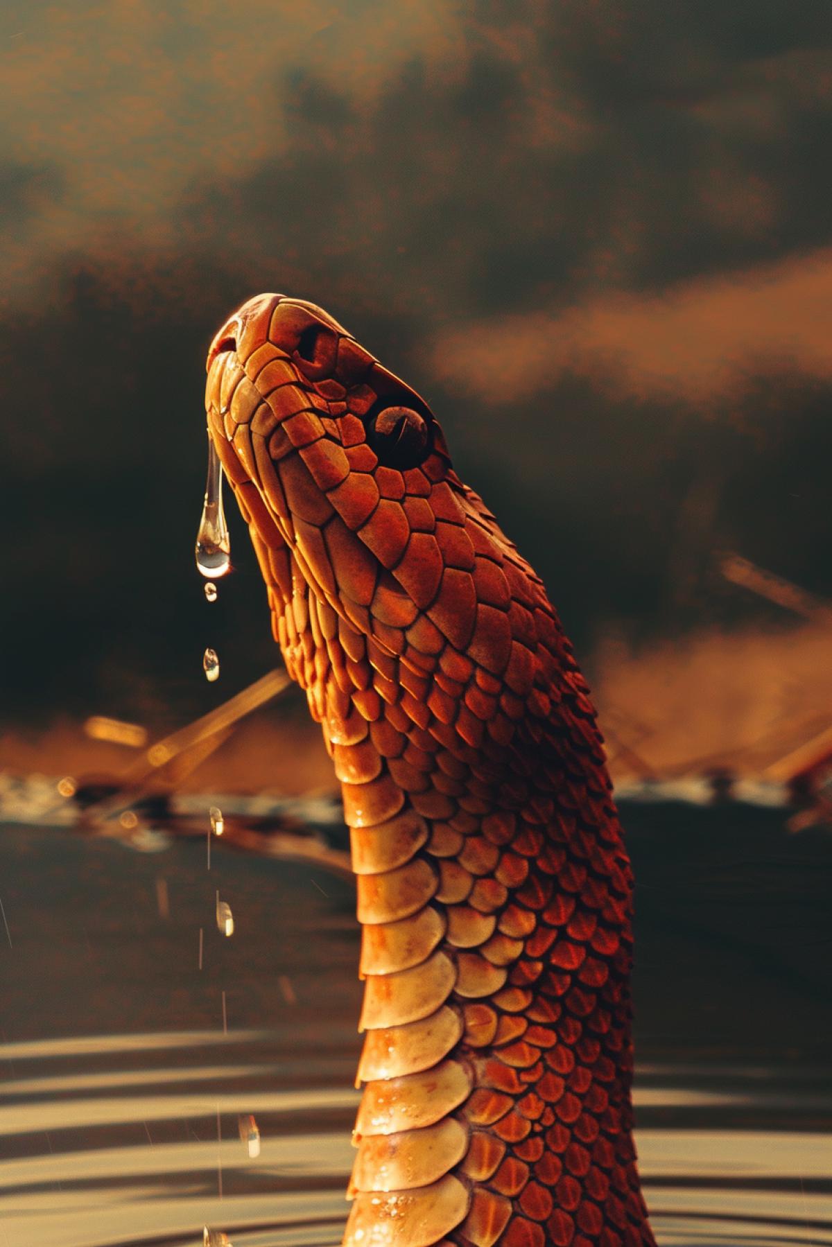 A large snake drinks water from the river