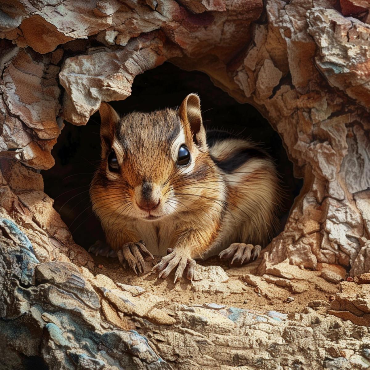 Photorealistic. Chipmunk huddling in a hole