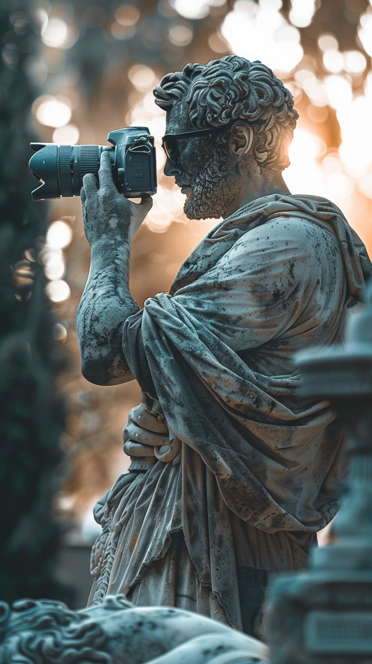 Photographer in Ancient Greek style statue