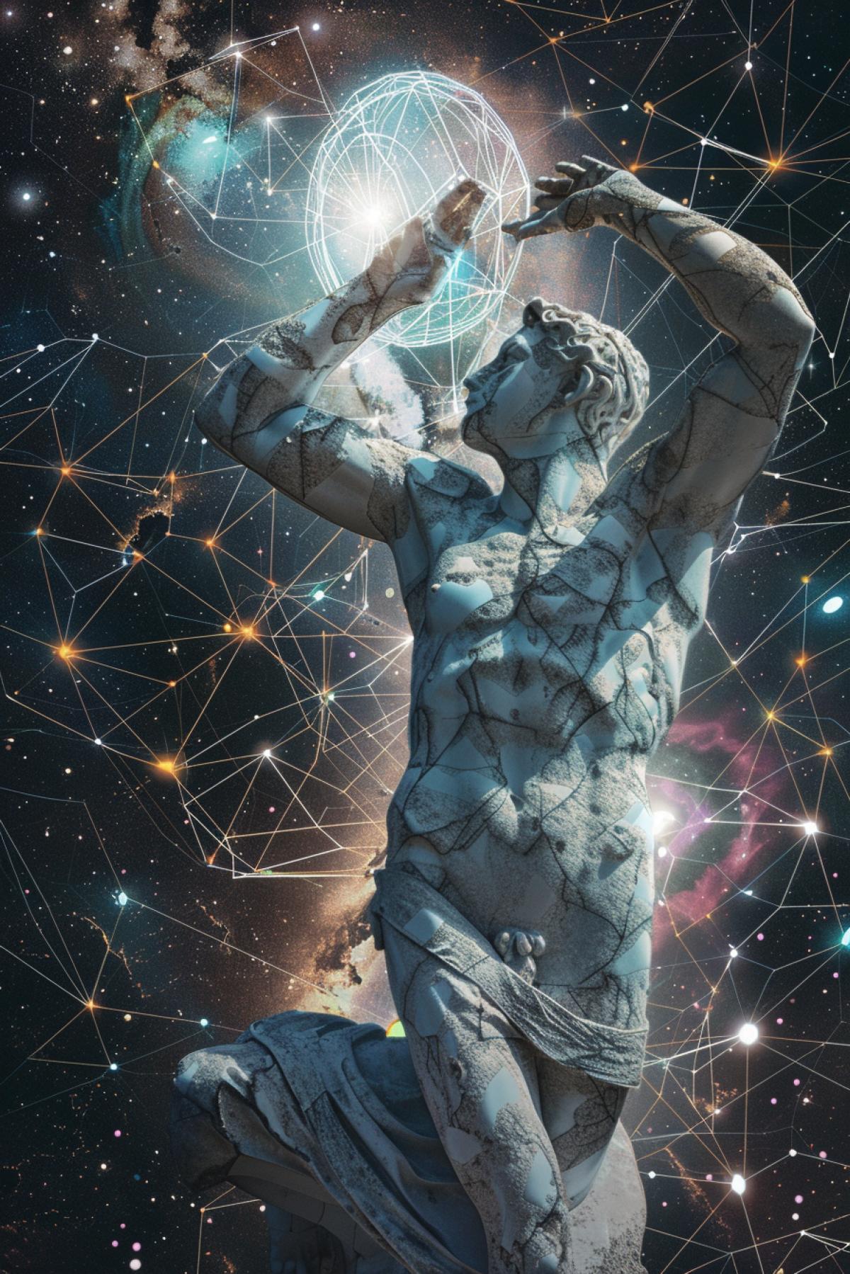 A surreal and whimsical version of the famous Discobolus (Discus Thrower) statue, where the athlete is depicted mid-throw but holding a glowing, futuristic disc that emits beams of light. The figure is surrounded by floating geometric shapes and holographic patterns, set against a starry, cosmic background. The traditional marble texture of the statue is blended with luminescent materials, creating a blend of classical sculpture and futuristic fantasy that transports the ancient athlete into an otherworldly realm.