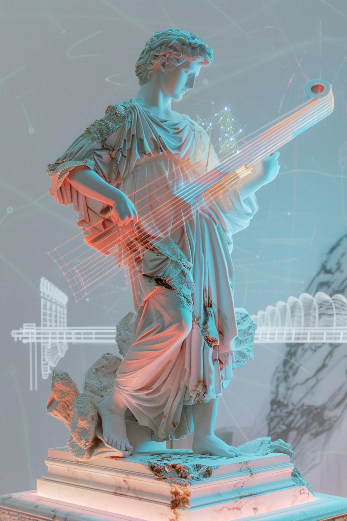 A visionary reinterpretation of the statue of Apollo, where the god of the sun and music is depicted playing a holographic lyre. The traditional marble form is combined with , light-emitting strings that pulse with color and sound waves. Apollo stands on a futuristic platform with celestial patterns beneath him, and the background features a blend of ancient Greek architecture and modern, digital elements. The fusion of classical mythology andedge technology creates a mesmerizing and otherworldly effect.