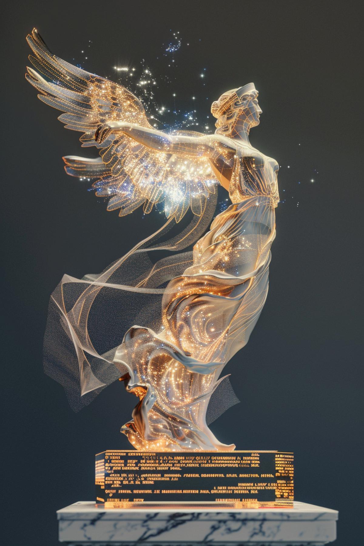 An imaginative take on the statue of Nike, the goddess of victory, where she is portrayed with wings made of digital pixels and LED lights. The statue appears to be in mid-flight, with motion trails of glowing particles behind her. The base of the statue features a holographic pedestal with scrolling ancient Greek texts. The blend of classical marble texture and modern digital effects creates a dynamic and visually stunning representation of the goddess, capturing the essence of triumph and innovation.