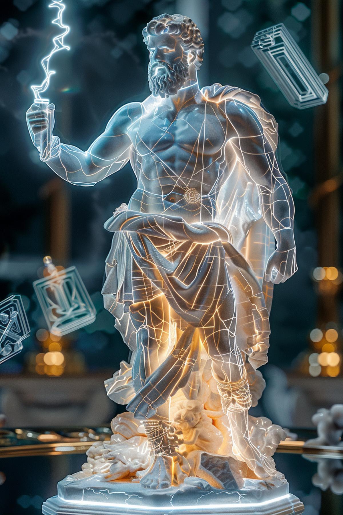 A futuristic and bold version of the statue of Zeus, the king of the gods, where he is depicted wielding a thunderbolt made of holographic energy. The statue is surrounded by floating, illuminated glyphs and symbols of ancient Greek mythology. Zeuss traditional marble form is enhanced with glowing veins of energy running through his body, and his eyes emit a powerful, electric light. The juxta4k of classical form and futuristic energy elements creates a powerful and awe-inspiring image of the mighty god.