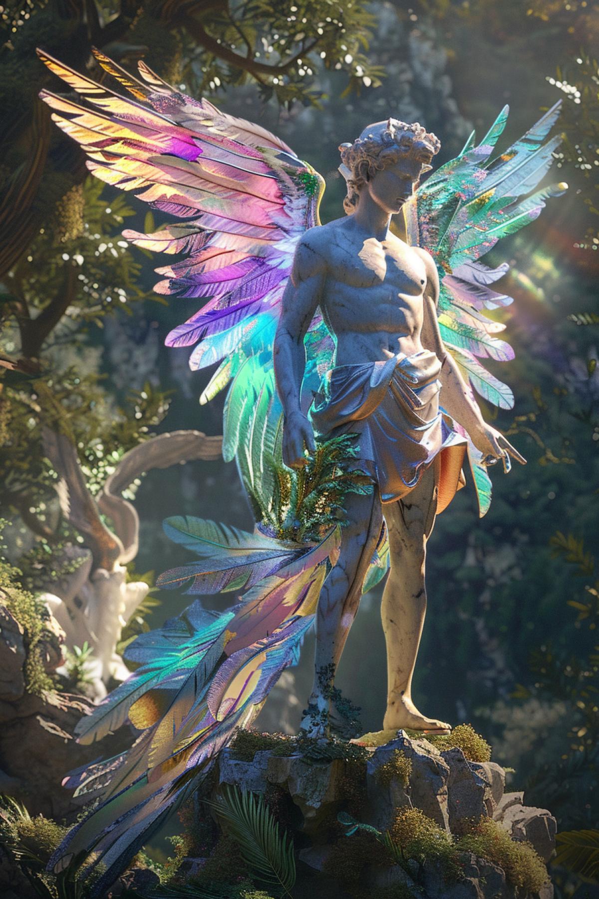 A fantastical depiction of a Greek statue of Hermes, the messenger god, where he is portrayed with wings made of vibrant, iridescent feathers that shimmer in various colors. The statue is set in a lush, enchanted forest with mythical creatures like fauns and nymphs peeking from behind the trees. The traditional marble of Hermes body contrasts with the lifelike, dynamic wings and the magical forest setting, creating an enchanting blend of ancient mythology and fairy tale wonder.