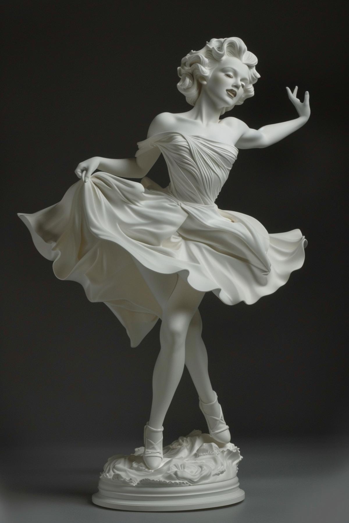 Marilyn Monroe famous scene wind blows the dress high up statue white marble classicism in style of Miron Myron, Polikletos Polykleitos